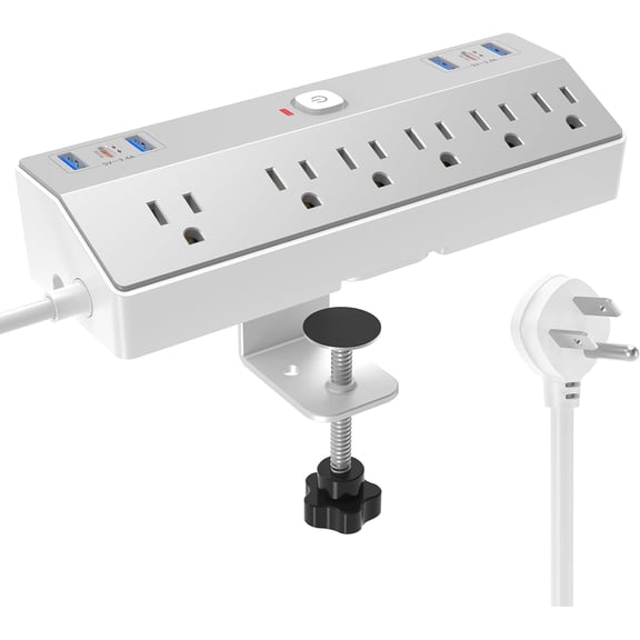 Desk Clamp Power Strip with 40W Fast Charging USB-C, 10Ft Desk Mount Sur Protector with 6 Outlets 6 USB Ports, Flat Plug Extension Cord Home Office Essentials, Fit 2.48" Tabletop Ed