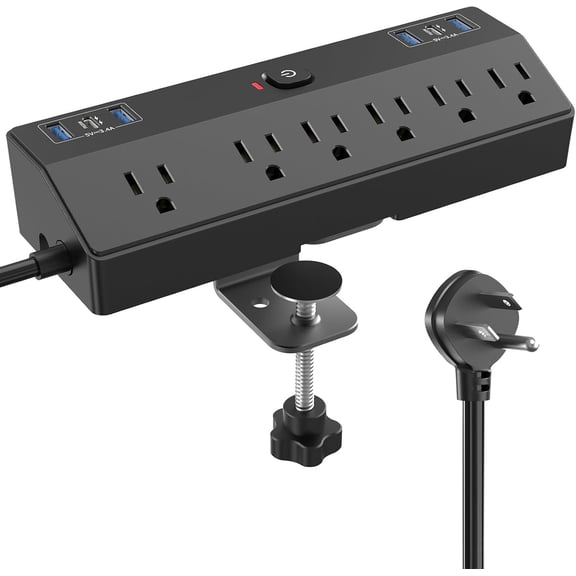 Desk Clamp Power Strip with 40W Station, 10FT Flat Plug Desk Mount Power Strip Surge Protector, Removable Extension Cord with 2 USB-C Ports 6 Outlets, Fits 1.8" Tabletop Edge