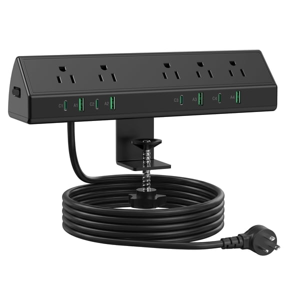 VILONG Desk Clamp Power Strip,45W Fast Charging Station,4 USB-C,4 USB-A,5 Outlets Surge Protector,6ft Extension Cord,ETL Listed for Home Office Dorm Room