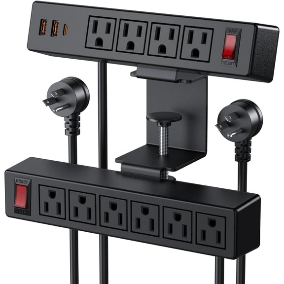Desk Clamp Power Strip with PD20W -C, 2 in 1 Dual Layer Under Desk Power Strip, Removable Clamp Power Socket with 10AC Outlets & , 10ft Extension Cord(ETL Listed)