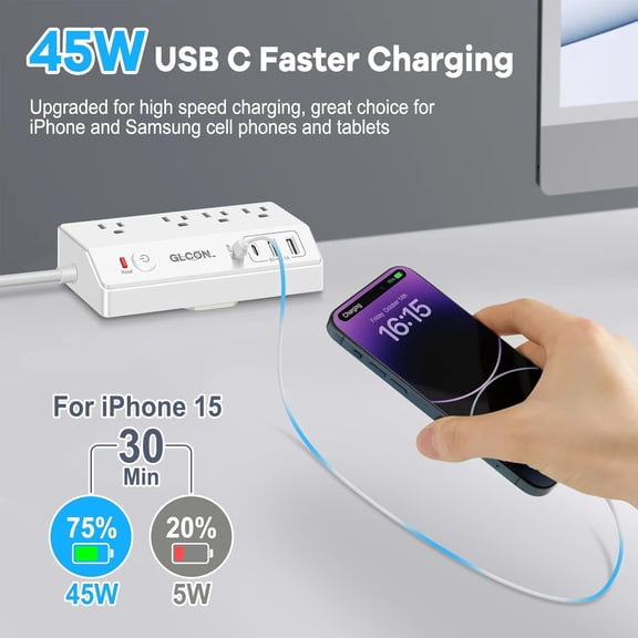 Desk Clamp Power Strip Surge Protector - 45W USB C Fast Charger for MacBook, iPhone, iPad - Desk Outlet Plug Extension - 10 FT Long Extension Cord Charging Station with 4 Outlets 4 USB Ports