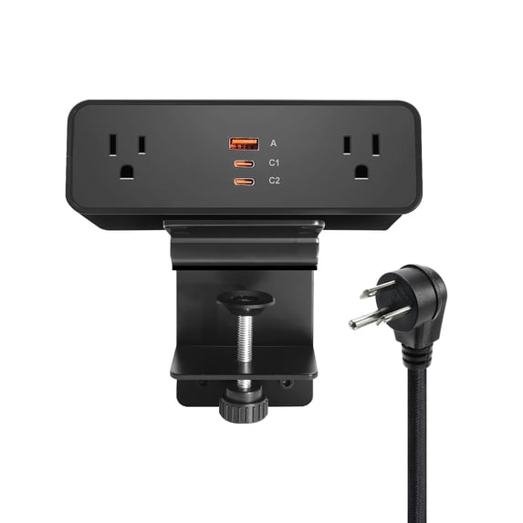 Desk Clamp Power Strip USB C 65W, Desktop Edge Mount Fast Charge Station 3 PD USB Port 2 AC Outlets 6ft Braided Extension Cord Flat Plug Fit Max 3.26’’ Tabletop Edge for Gaming Office Table