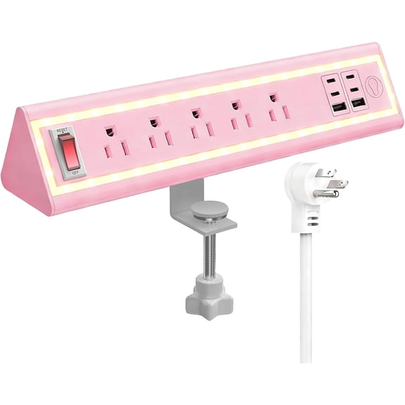 Desk Clamp Power Strip with Nightlight, 40W Fast Charging, 6FT Extension Cord, 4x20W USB-C & 2 USB Ports, 5 AC Outlets, Fits 1.69-Inch Table Edges