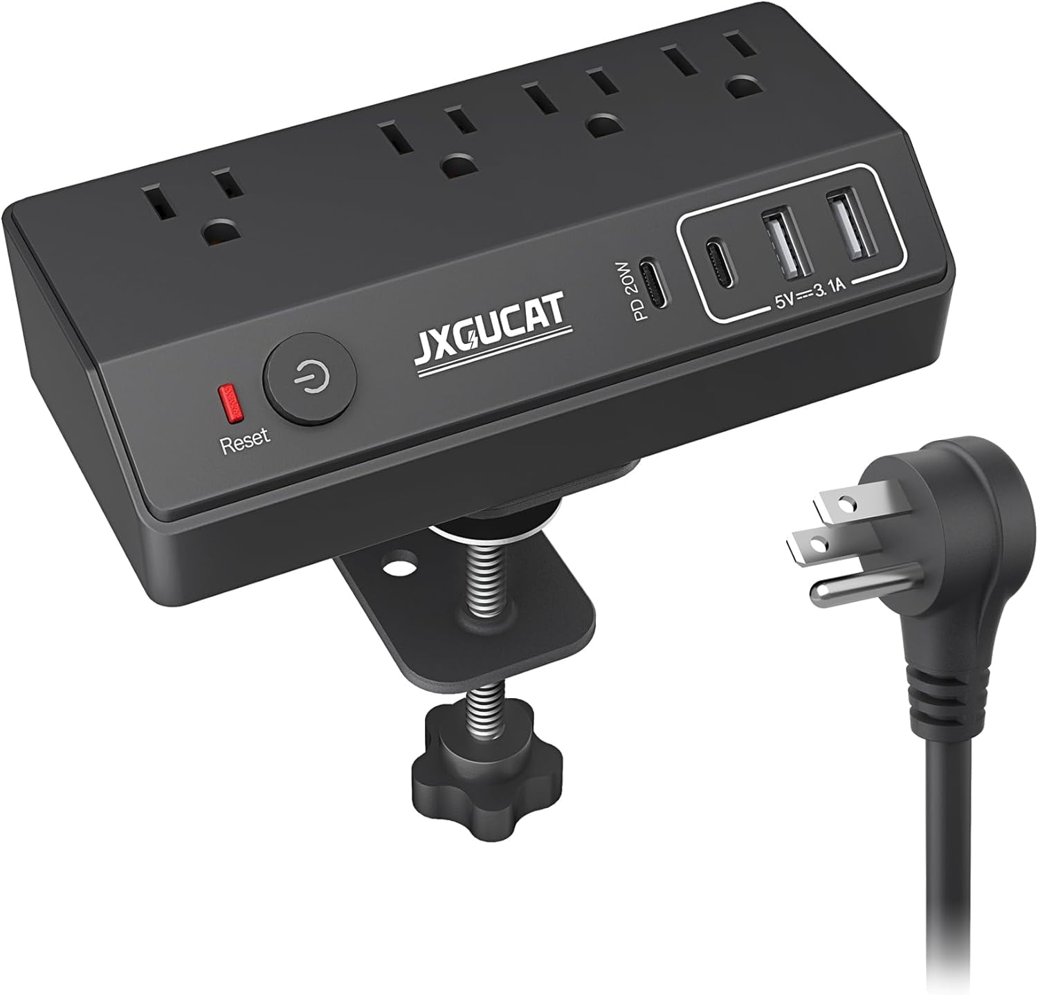 Black Desk Clamp Power Strip with USB C and 10 ft Cord