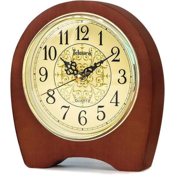 Desk Clock, Wooden Silent Table Clock, Battery Operated Vintage Clock Home Ornament Decoration with Unique Print for Living Room Bedroom Study Office (Brown)