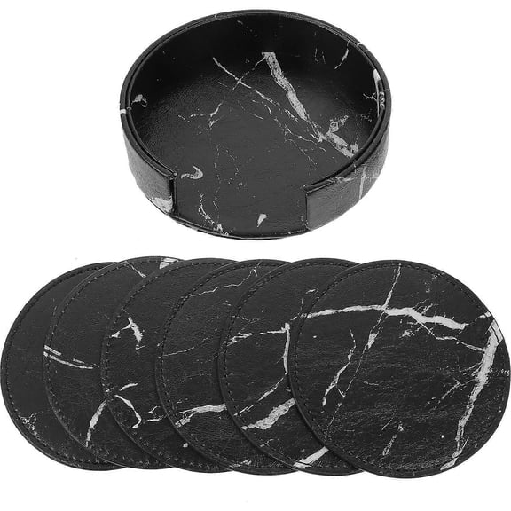Desk Coasters Set Of Round Pu Leather For Home Decoration Heat Insulation Non Slip Surface 1Set 6Coasters 1Holder