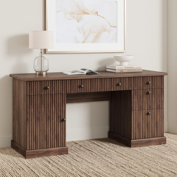 Desk, Computer Desk 60" Modern Executive with Charging Station - Fluted Storage, Wooden Writing Desk, File Cabinet & Drawers for Home Office Study, Brown