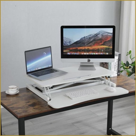 Desk Converter, 31.5x15.7 Height Adjustable Sit to Stand Riser with Wide Keyboard Tray for Dual Monitors/Laptop, White | MDF+Metal