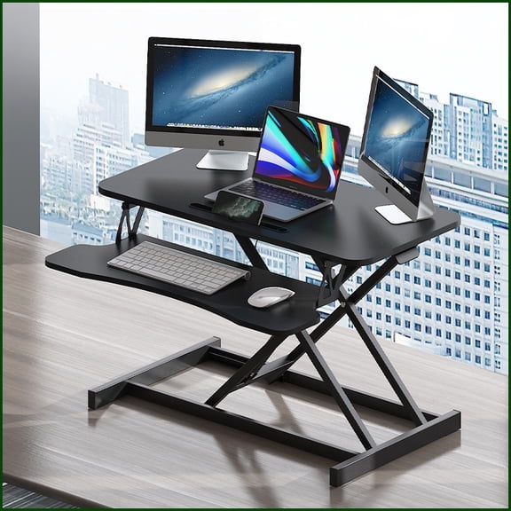 Desk Converter, 32 Inch Height Adjustable Sit to Stand Riser with Dual Monitor & Wide Keyboard Tray | Black | MDF+Metal