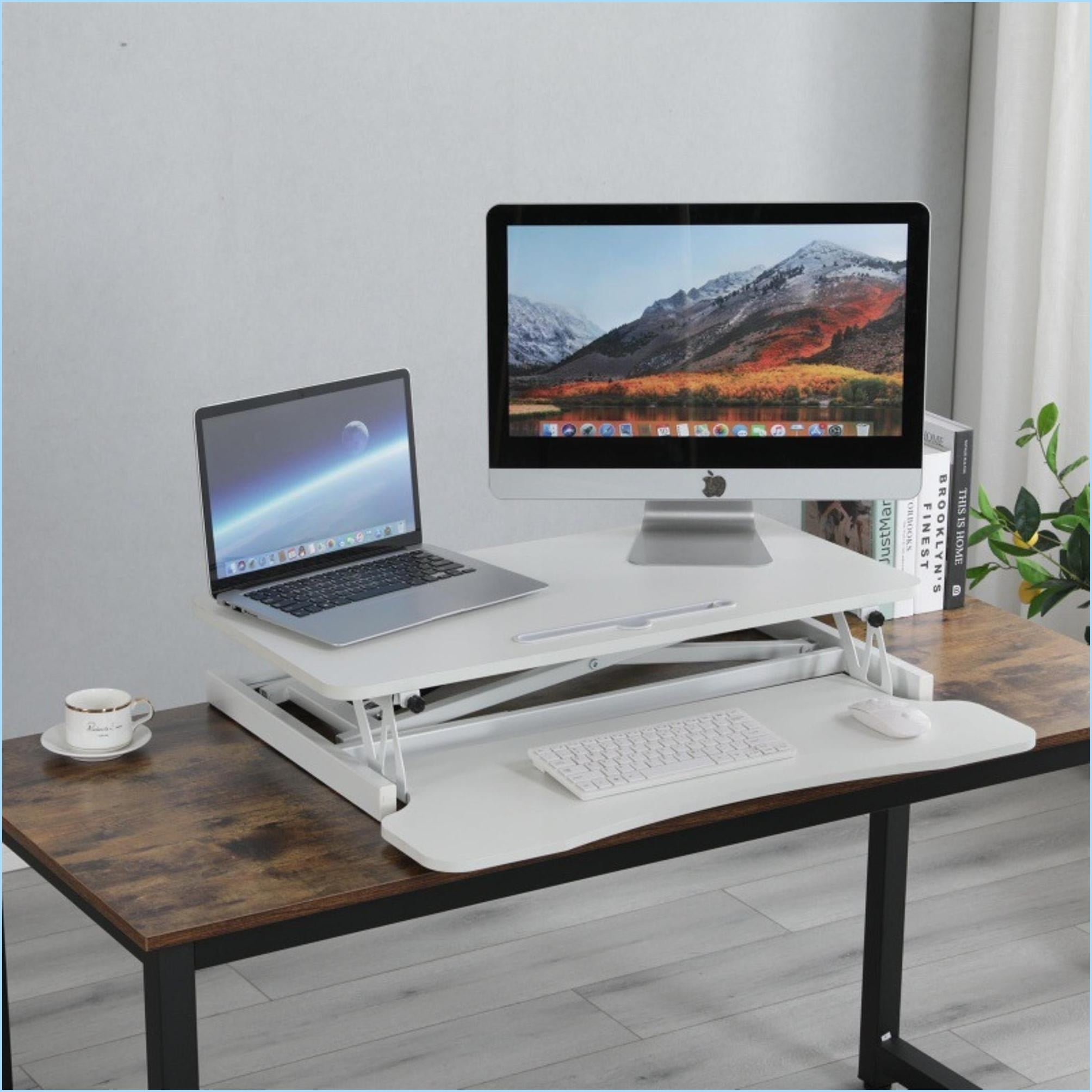 Desk Converter, Height Adjustable Sit to Stand Riser with Wide Keyboard Tray for Dual Monitors | White | MDF+Metal