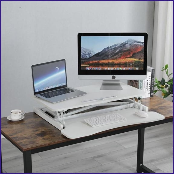 Desk Converter, 31.5”x15.7” Height Adjustable Sit to Stand Riser with Wide Keyboard Tray, Dual Monitor/Laptop Workstation | White | MDF+Metal