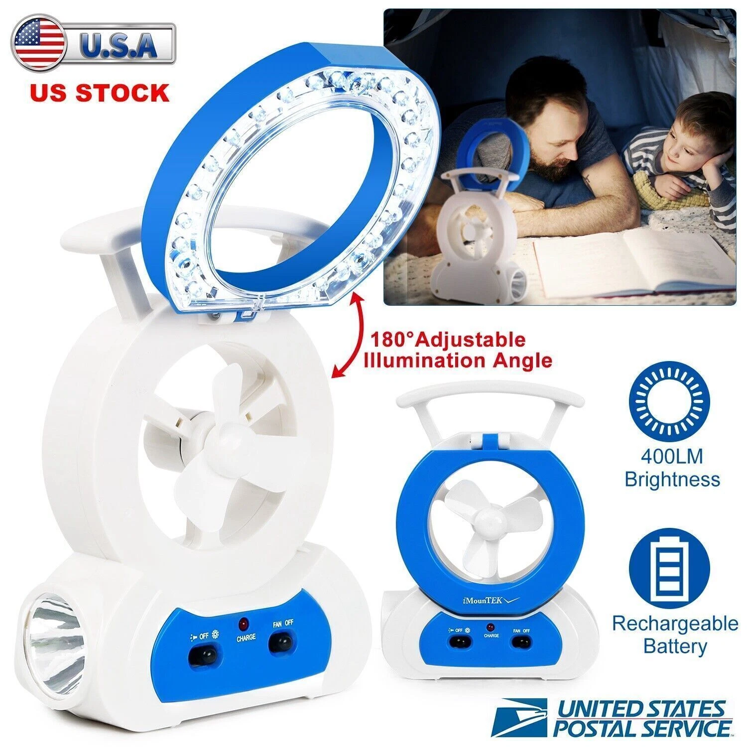 Desk Cooling Fan W/ 180 Adjustable Led Lamp Baby Stroller Fan Flashlight Torch