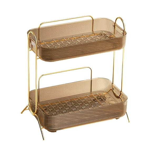Desk Cosmetics Rack Vanity Perfume Storage Holder 2 Tiers Buffet Serving Tray Kitchen Countertop Organizer for Tabletop Bathroom Restaurants Light Brown