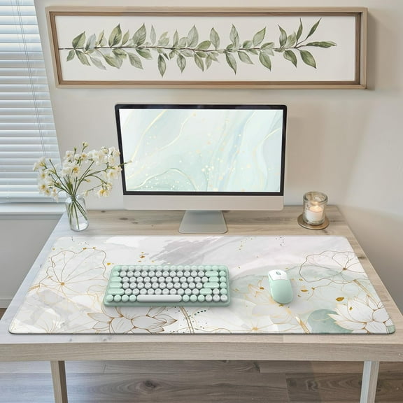 Desk Cover Mat, Extra Large Lotus Mouse Pad, Desk Pad Mat,Office Matt for Desktop Protector, Anti-Slip XXL Big Mousepad with Stitched Edges for Laptop Computer Keyboard(Green Lotus Leaf)