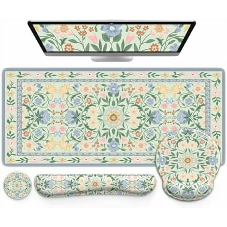 Desk Cover Mat, Gaming Mouse Pad Wrist Support Set,4in1 XXL Large Mousepad + Keyboard Wrist Rest+Mouse Wrist Rest+Coaster Set with Ergonomic Design for Home Office Table Computer(Green Flowers)