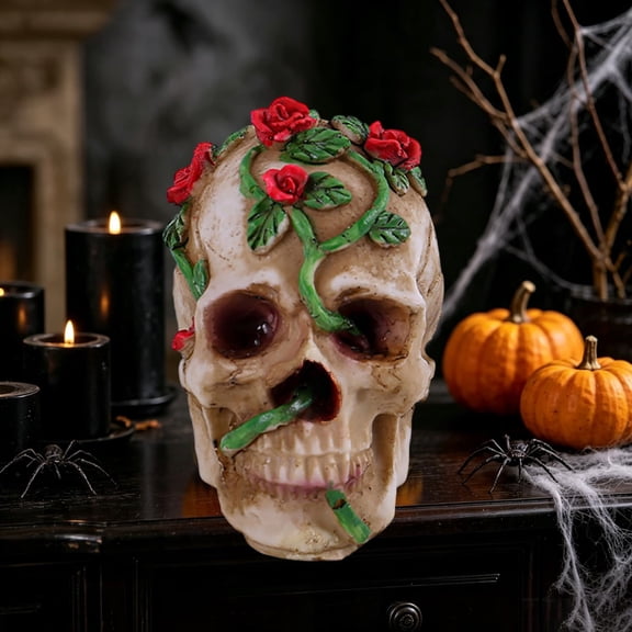 Desk Decor Decor Rose Skeleton Head Sculpture Human Statue Collectible Halloween Decoration Home Decoration