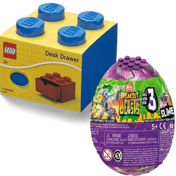 Desk Drawer 4 knobs Stackable Storage Box Blue+ Mega Construx Breakout Beasts Goldengrowl, Pack of 2