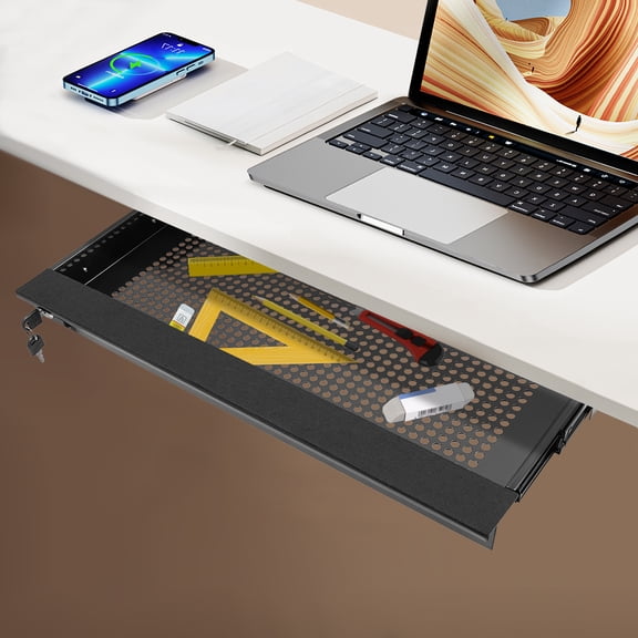 Under Desk Drawer with Lock, 22.7 Inch Metal Pull Out Desk Storage Organizer, Sliding Under Table Mount Drawer Tray for Keyboard, Mouse, Laptop, Office Supplies, Home Office, Standing Desk, Black