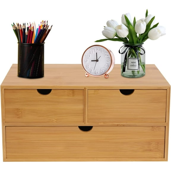 Desk Drawer Organizer with 3 Drawers, Office Desk Organizer, Bamboo Desk Drawer Desktop Organizer Desk Storage Tabletop Storage Organization Box for Office Home Toiletries Supplies (3 Drawers-B)