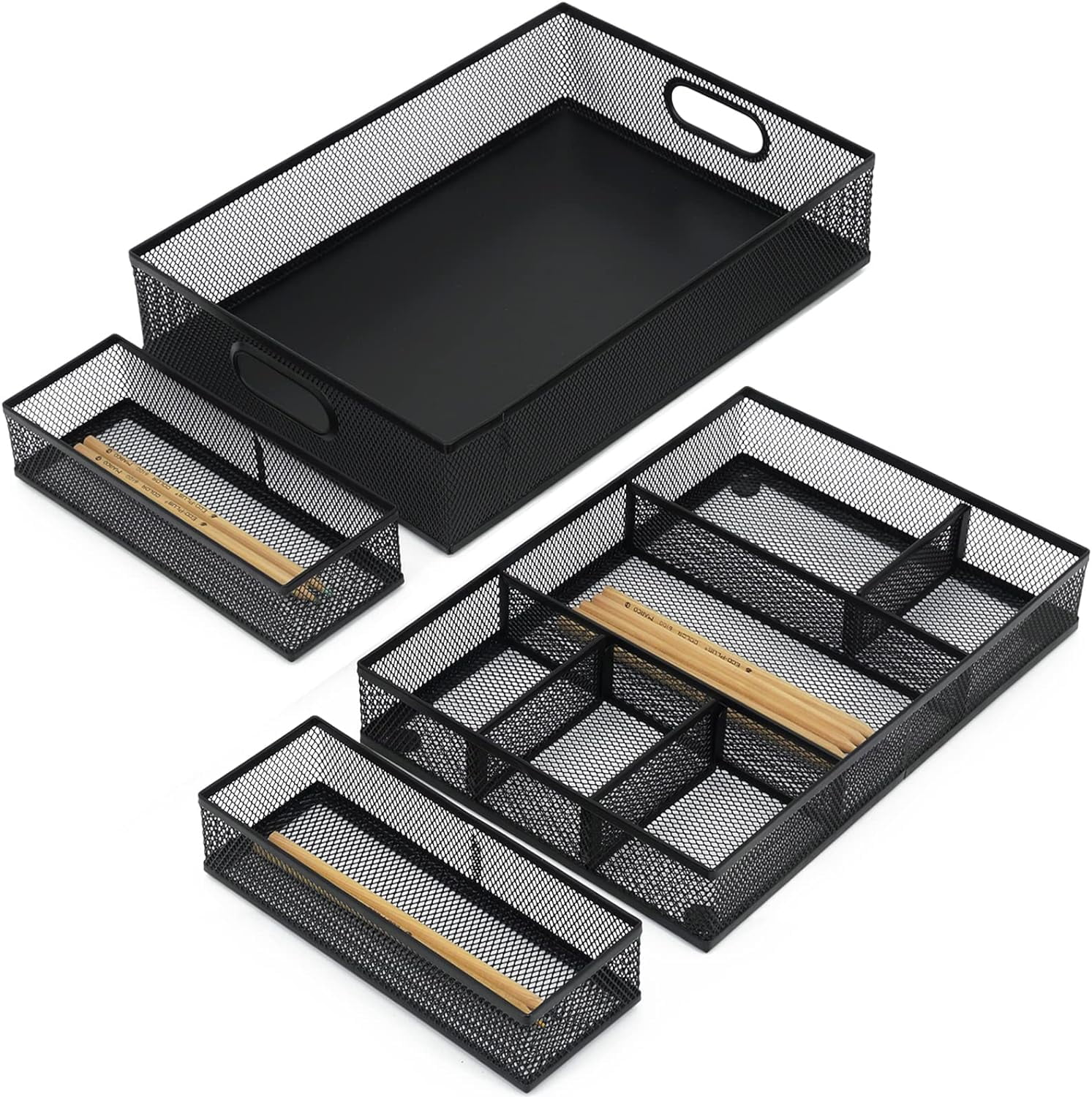 Desk Drawer Organizer with 6 Adjustable Dividers, Metal Pen organizer for desk drawer,Mesh Office Desk Drawer Organizer Tray for office supplies (Pack 4, Black)