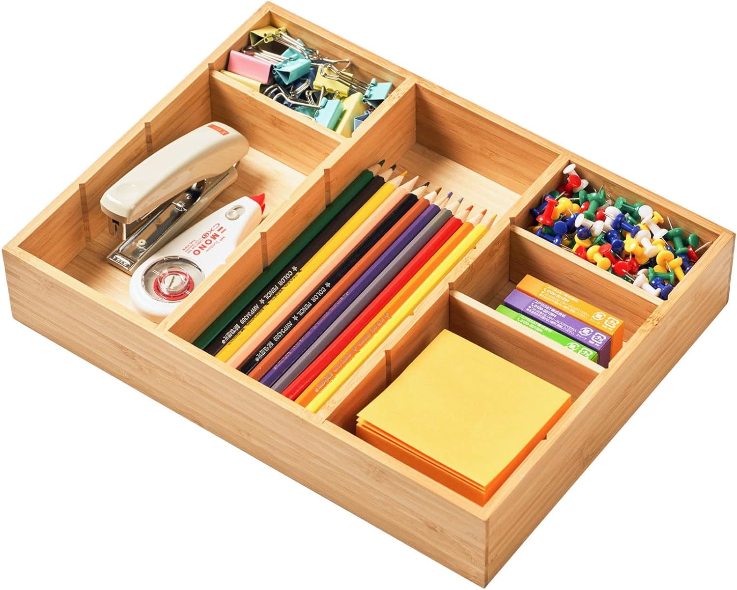 Desk Drawer Organizer, Bamboo Wood Organizer Tray with Adjustable Compartments, Office Desk Accessories Supplies Organization Storage, 12" x 9"