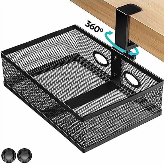 Under Desk Drawer Organizer Clamp On - 360 Swivel Metal Mesh Storage Basket, Hidden Rotating Desktop Tray for Standing Desk, Office Supplies & Gaming (No Drill, Black)$$Office
