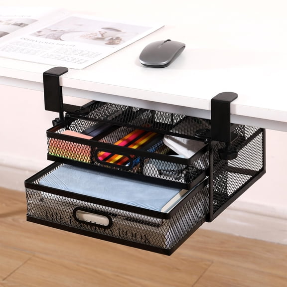 Under Desk Drawer Organizer No Drilling 2 Drawers Slide Out Desktop Or Under Table Storage Metal Clamp On Desk Drawer Attachment Small Desktop Organizer for Home & Office, White