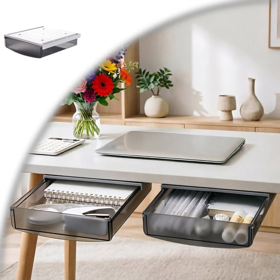 Under Desk Drawer Organizer, Self-Adhesive Attachable Under Desk Storage Drawer, Hidden Desk Drawer Slide-out, Stick on Drawer Under Mounted for Office Home Closet Stationery