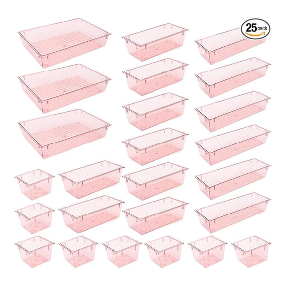 Desk Drawer Organizer Set - 25 Pack Clear Plastic Bins for Makeup, Office, Bathroom - Vanity Drawer Dividers for Clutter Control