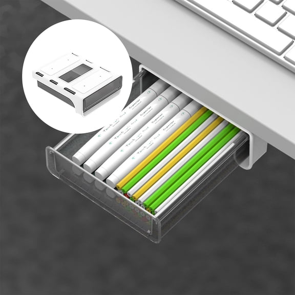 Under Desk Drawer Organizer | Slide-Out Hidden Storage Box for Office & Home | Large Capacity Plastic Desktop Tray for School & Kitchen Supplies | Self-Adhesive Mount