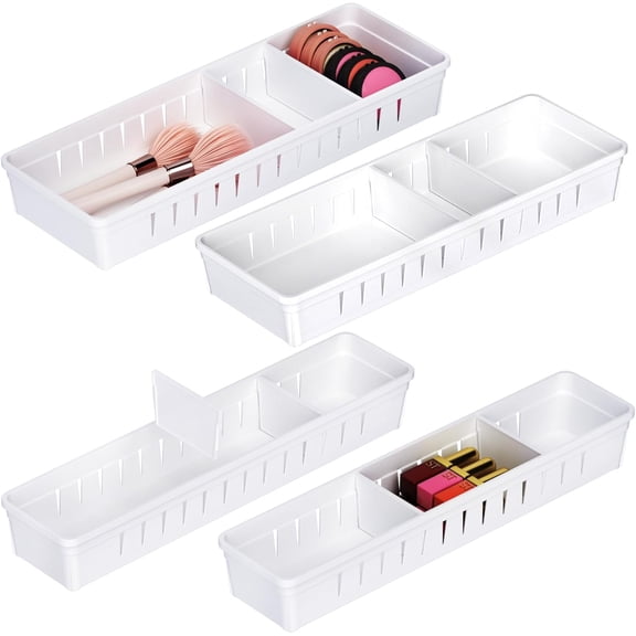 Desk Drawer Organizer Tray 4 count Office Drawer Organizer Bins Junk Organizer Divider with Non-Slip Pads, Vanity Organizer for Drawer, White