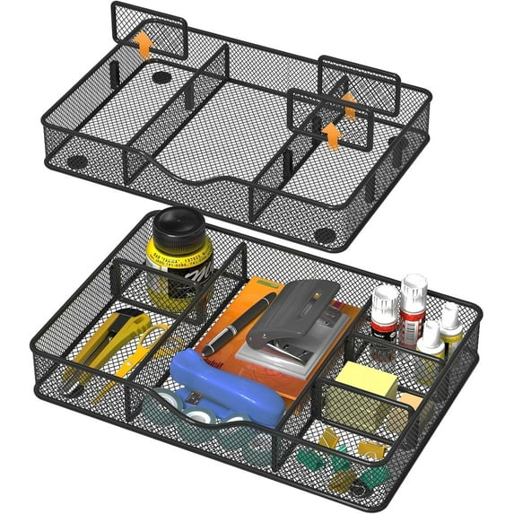 Desk Drawer Organizer Tray, Metal Mesh Drawer Organizer for Office & Home, 6 Adjustable Compartments, Black, 2 Pack - 12.87x8.73x1.96 inch