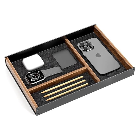 Desk Drawer Organizer Tray - Walnut & Aluminum Valet for Men, Aesthetic Desk Accessories for Office & Home, EDC Tray for Keys, Watch, Phone