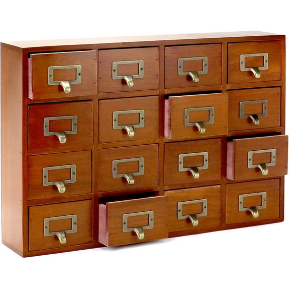 Desk Drawer Organizer, Wooden Vintage Apothecary Cabinet with 16 Drawers, Home Office & Tea & Dresser Bedroom Organization and Storage, Traditional Apothecary Cabinet, Brown
