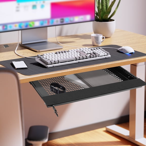 Under Desk Drawer Slide Out, Heavy Duty Steel Pull Out Storage Organizer with Lock & Keys, Under Desk Mount Hidden Tray for Office Supplies, Keyboard, Mouse, Charger, Tablet