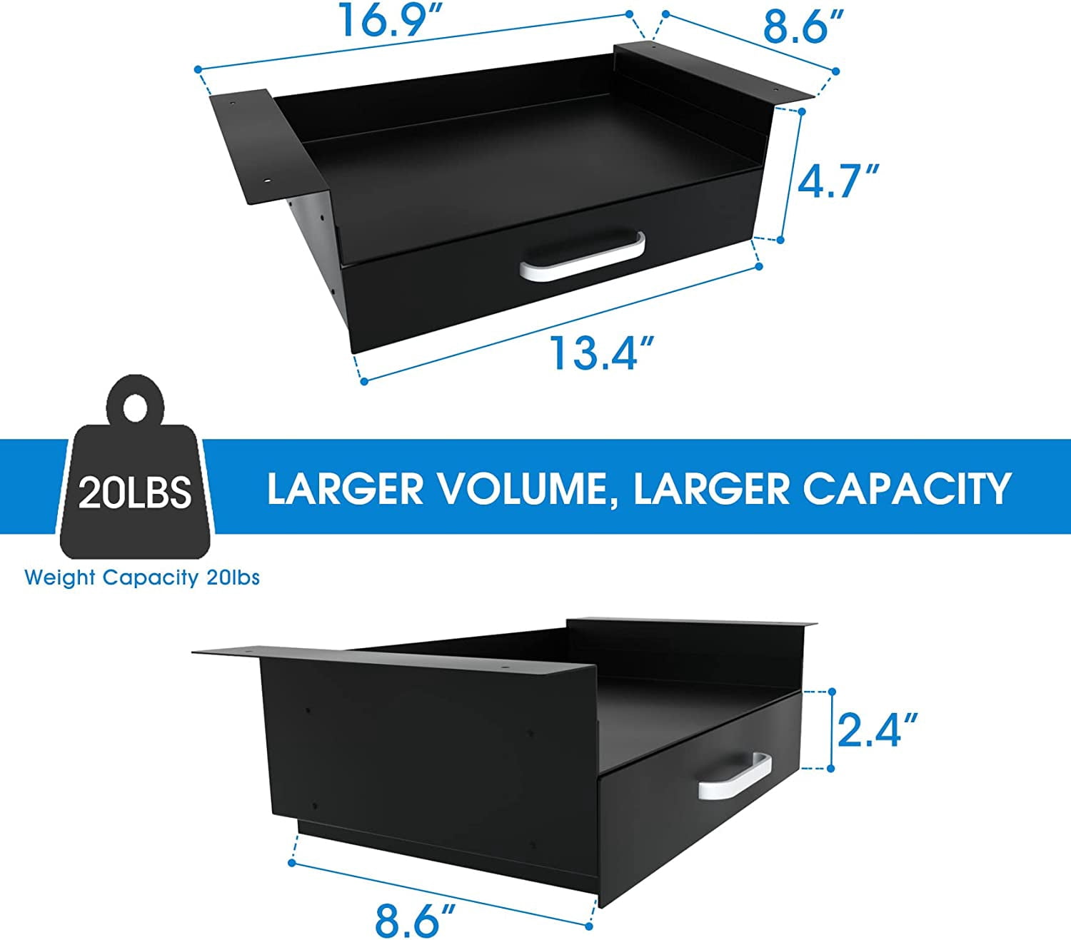 Under Desk Drawer Storage with Laptop/Book/Folders Shelf, Double Layer Easy Slide-Out Undermount Drawer Organizer with Ball Sliding Track for Home Office Sit-Stand Workstation
