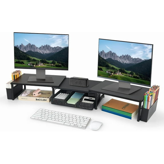 Desk Dual Monitor Stand Riser - Desk Organizer with Drawer and Pen Holders, Office Desk Accessories & Workspace Organization, Computer Monitor Stand for Laptop, Printer, TV(Black Wood)