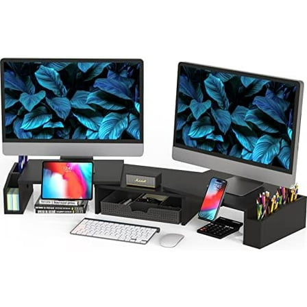 Desk Dual Monitor Stand Riser with Drawer, Black