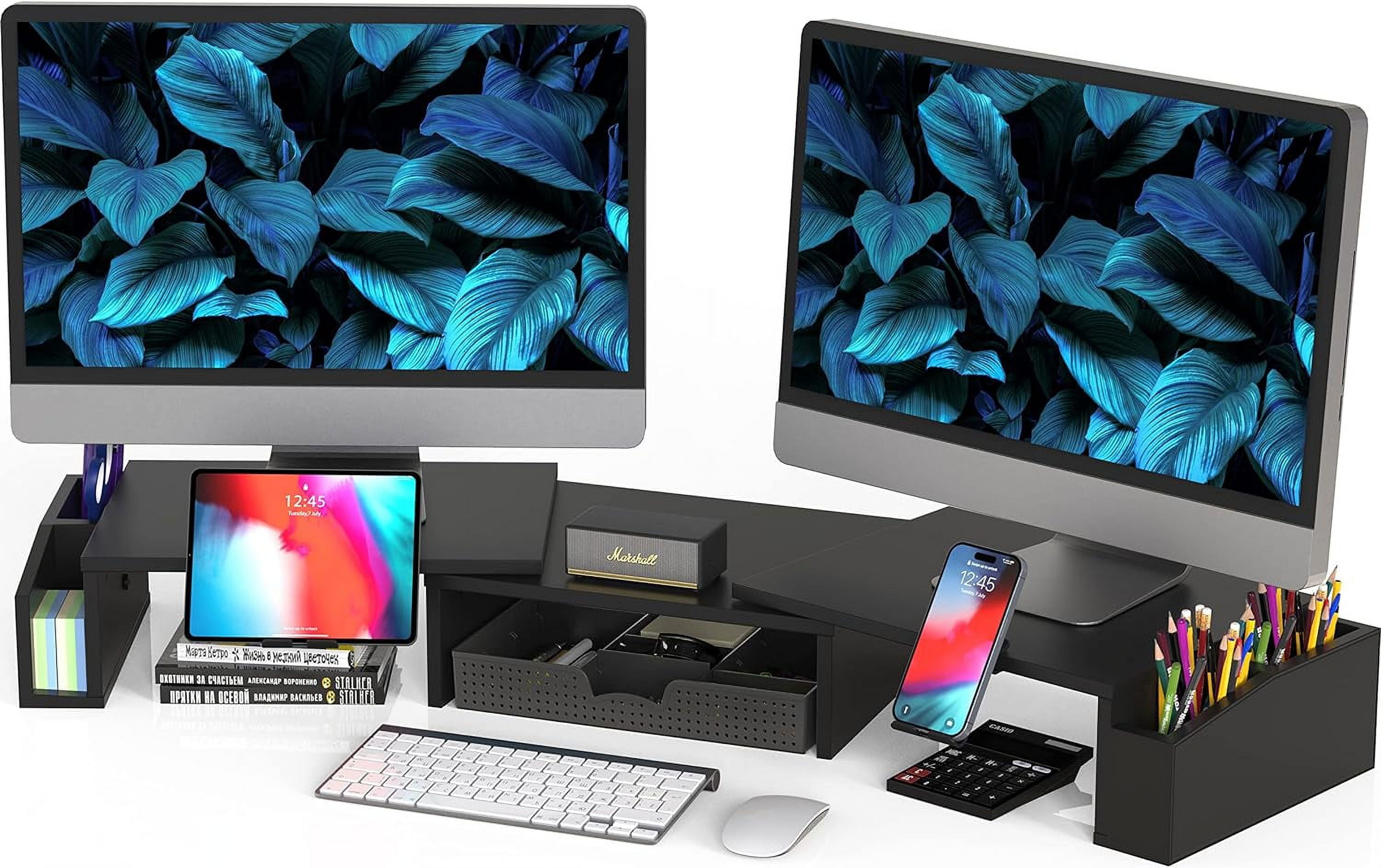 Black Adjustable Dual Monitor Stand with Drawer and Side Caddies