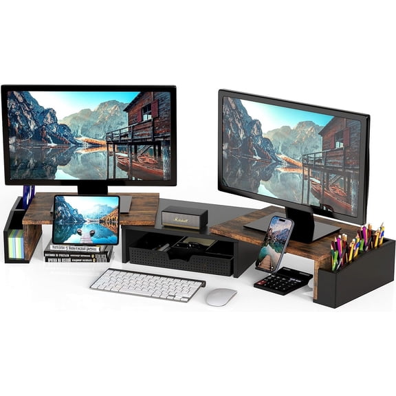 Desk Dual Monitor Stand Riser with Drawer, Rustic Brown | Customizable Organizer Tray, Built-In Phone & Tablet Slot and Side Storage