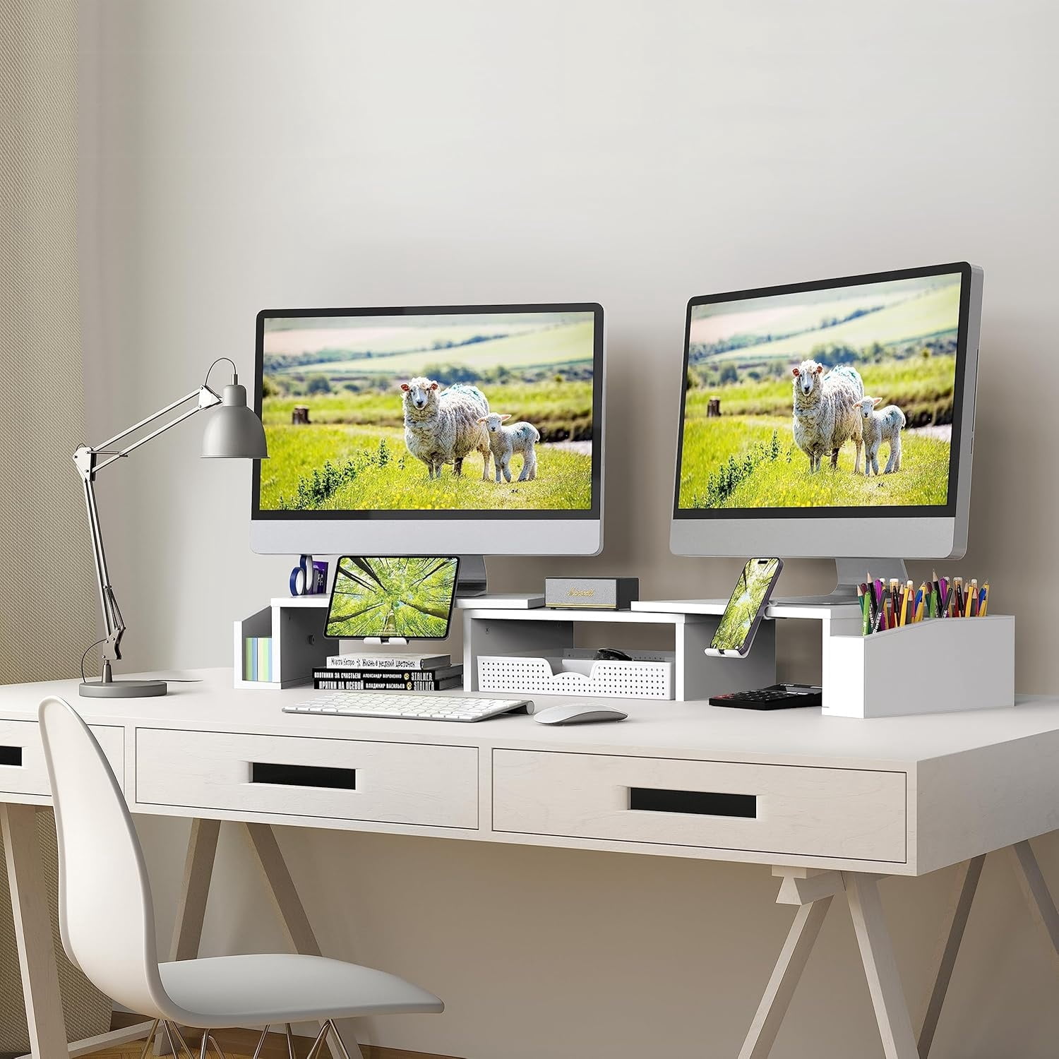 Desk Dual Monitor Stand Riser with Drawer, White