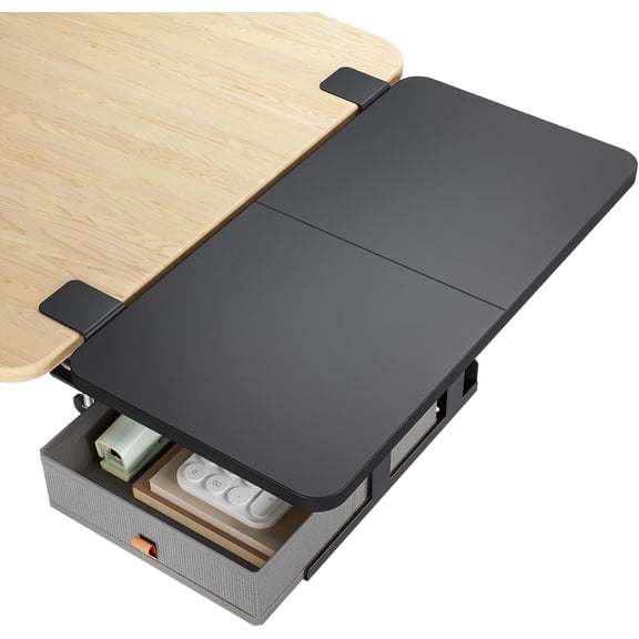 Desk Extender Tray, 24" x 12" Clamp On Desk Shelf, Desk Extension with Storage Drawer, Table Desk Arm Rest, Clamp On Keyboard Tray for Office and Home, Workstation Organizer, Medium, Black