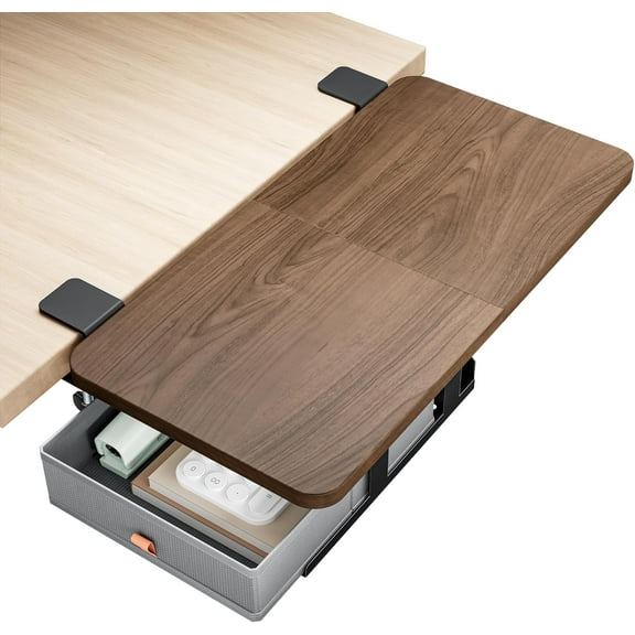 Desk Extender Tray, 24" x 12" Clamp On Desk Shelf, Desk Extension with Storage Drawer, Table Desk Arm Rest, Clamp On Keyboard Tray for Office and Home, Workstation Organizer, Medium, Walnut
