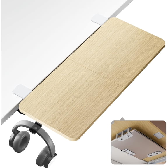 PEGZONE Desk Extender Tray, 28" x 12" Clamp-on Desk Shelf with Laptop Holder, Large Desk Extension Keyboard Tray and Arm Rest for Office and Home, Wood
