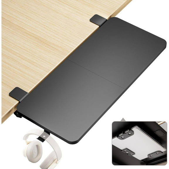 Desk Extender Tray, 28" x 14.4" Clamp On Desk Shelf, Desk Extension with Laptop Holder, Table Desk Arm Rest, Clamp On Keyboard Tray for Office and Home, Workstation Organizer, Large, Black