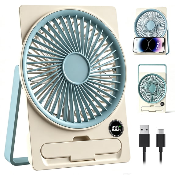 Desk Fan Battery Rechargeable,180°Foldable Portable Fan,6 Speeds Adjustable Long Battery-life for Home Office Outdoor Gifts for Women Men,Travel Small Fan for Cruise Ship Beach Vocation - Beige Blue