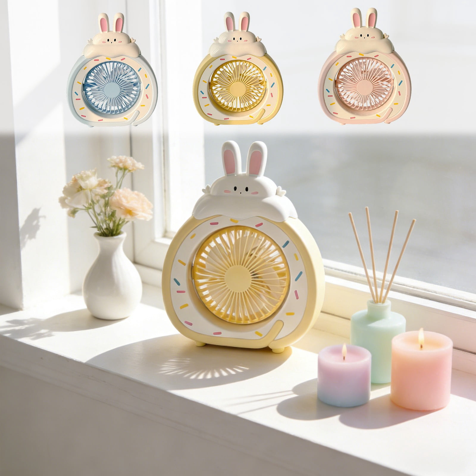 Desk Fan Bunny Cake Shaped Fan Cute Mini Fan USB Rechargeable Fan Decorative Desktop Fan for Bedroom Office Home Personal Cooling Fan with Adjustable Speeds