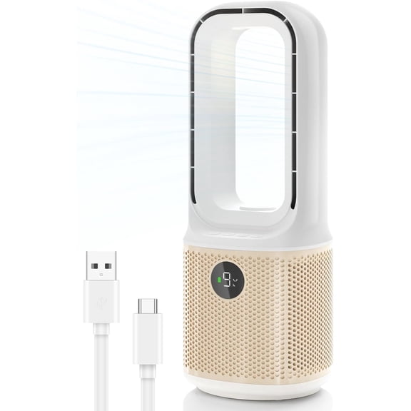 Desk Fan, Small Quiet Bladeless Fan with 9 Speed Adjustment & 3 Light Modes, 14 Inch USB Rechargeable 5000mAh Battery, 60 Oscillating Cooling Fans for Office, Living Room, Bedroom White