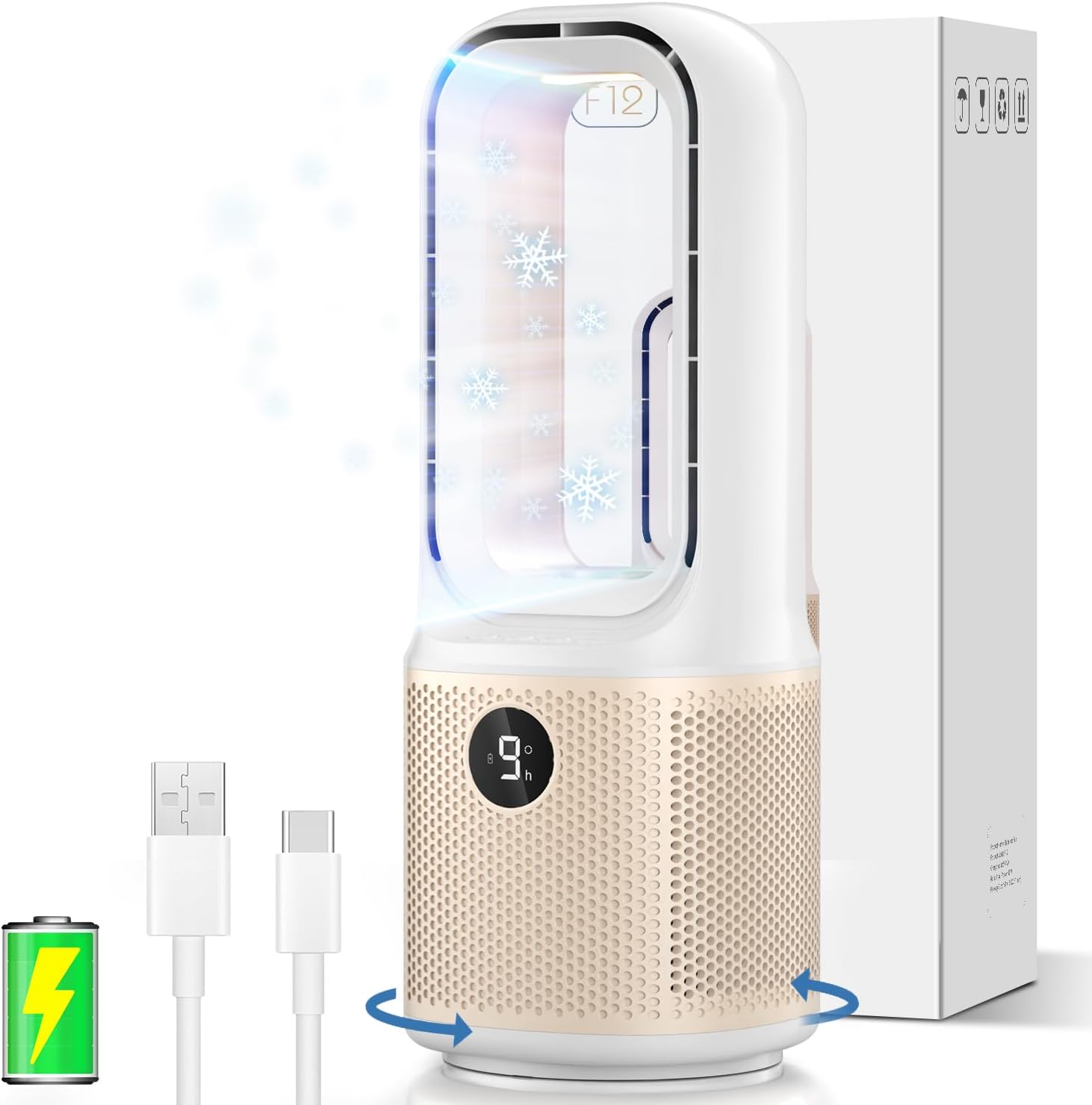 Desk Fan - Small Quiet Table, 14 Inch USB Rechargeable with 5000 m Ah Battery, 60 Oscillating, 9 Speed Adjustable, 3 Light Modes, Touch Control Mini Fan for Office Bedroom Living Room