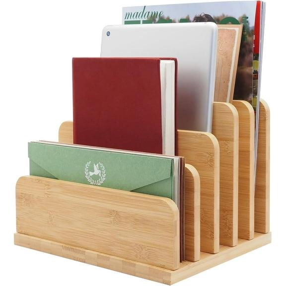 Desk File Mail Organizer Countertop, 5 Slots Bamboo Folder Sorter Holder for Letter, Envelope, Paper, Bill Filing, Desktop Tray Organizer for Office & Home